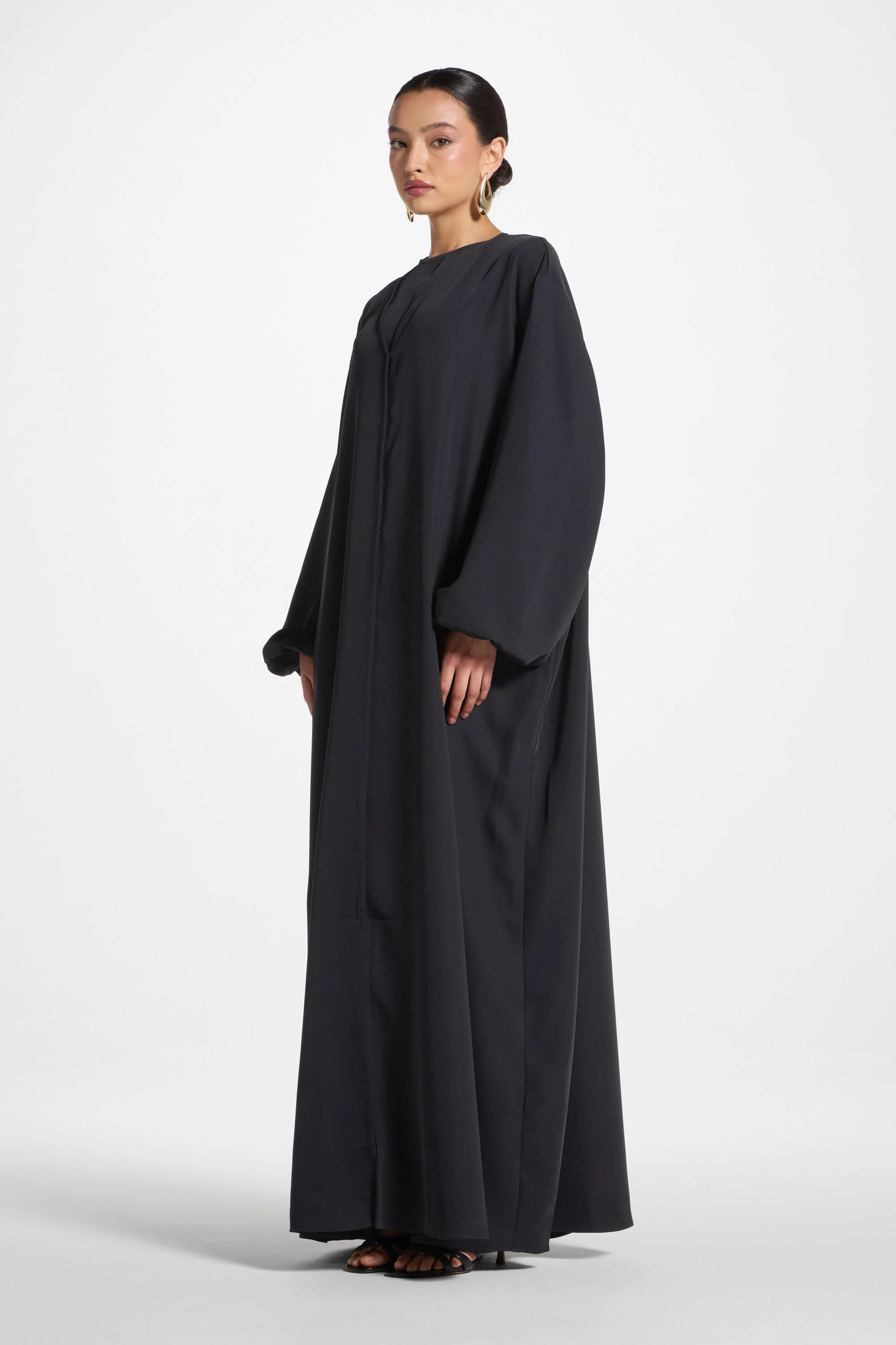 Signature Balloon Sleeve Open Abaya - Black - Image 7