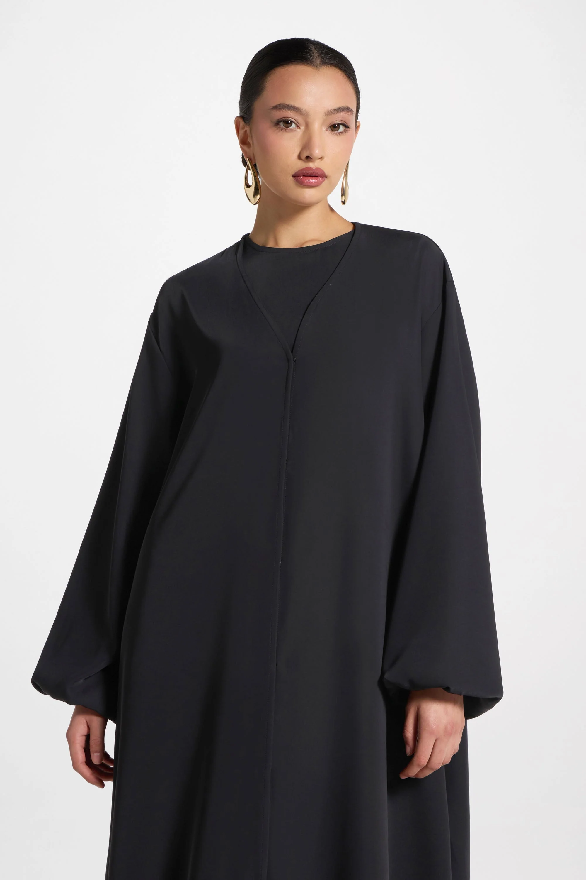 Signature Balloon Sleeve Open Abaya - Black - Image 8