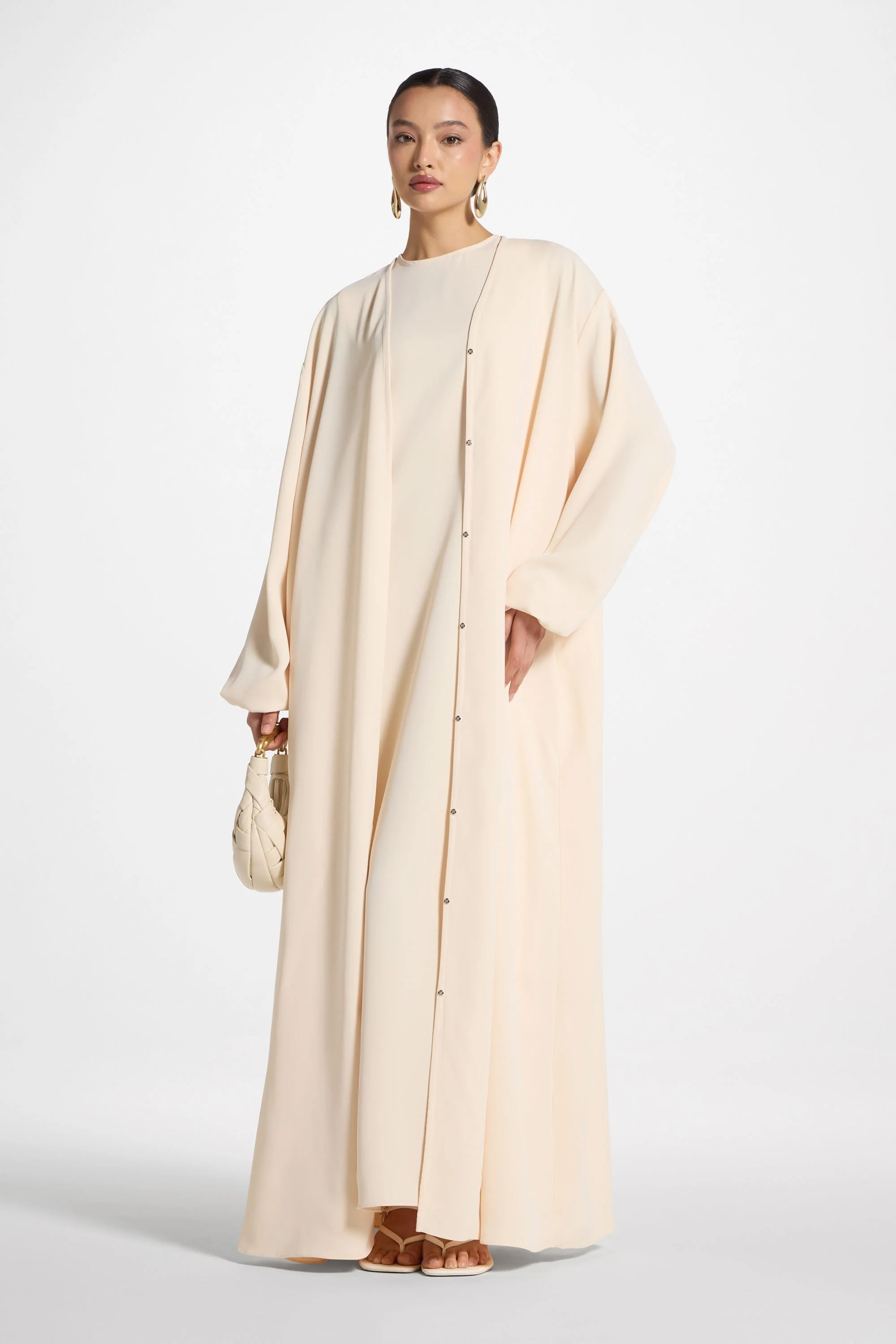 Signature Balloon Sleeve Open Abaya - Custard - Image 2