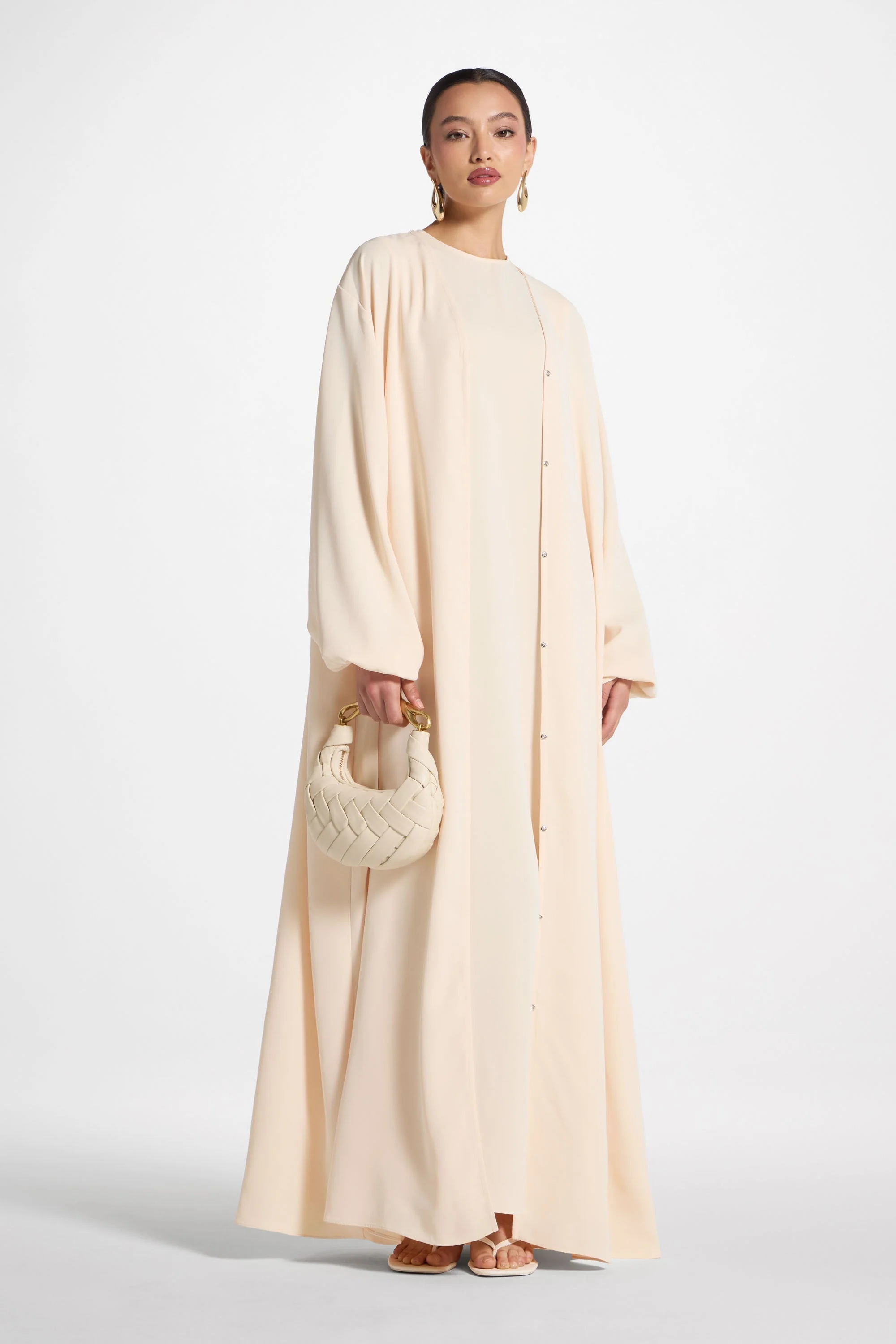Signature Balloon Sleeve Open Abaya - Custard - Image 3