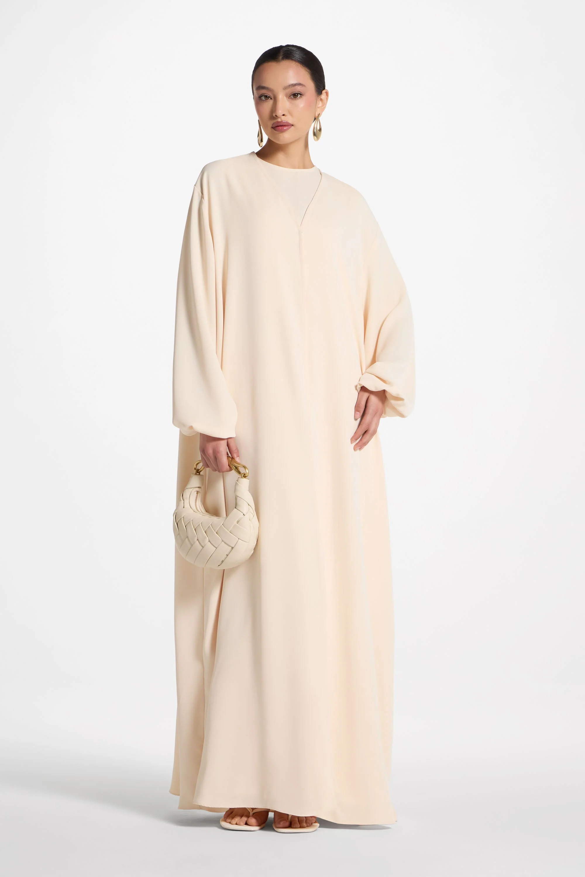 Signature Balloon Sleeve Open Abaya - Custard - Image 6