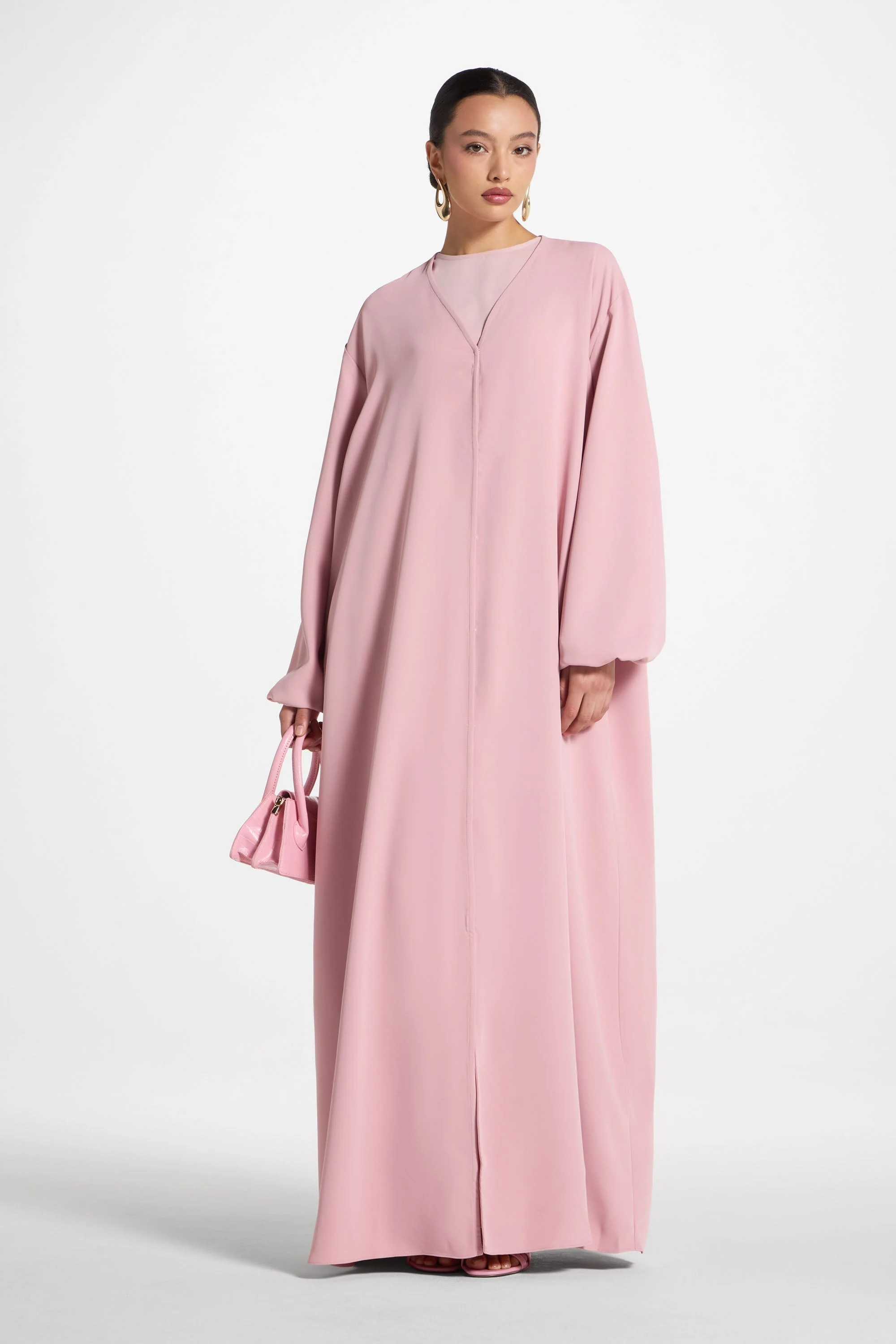 Signature Balloon Sleeve Open Abaya - Dark Pink - Image 4