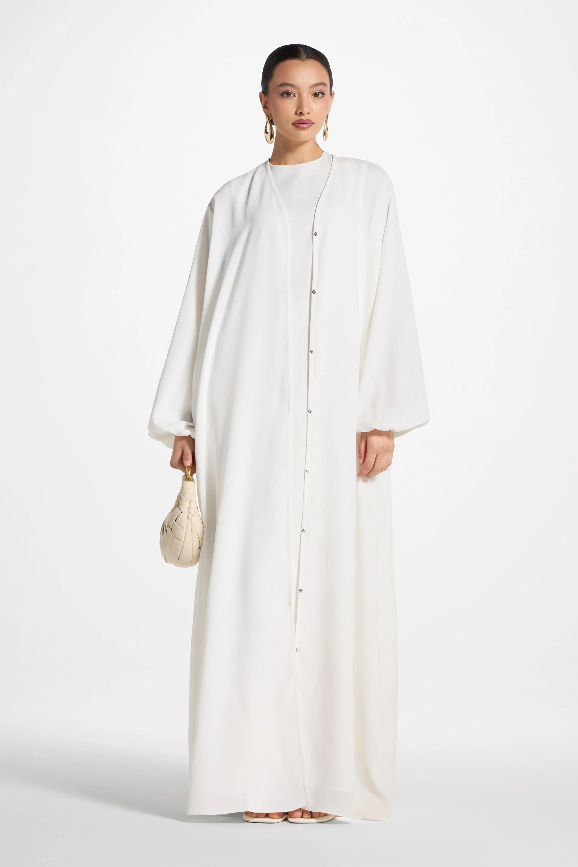 Signature Balloon Sleeve Open Abaya - White - Image 2