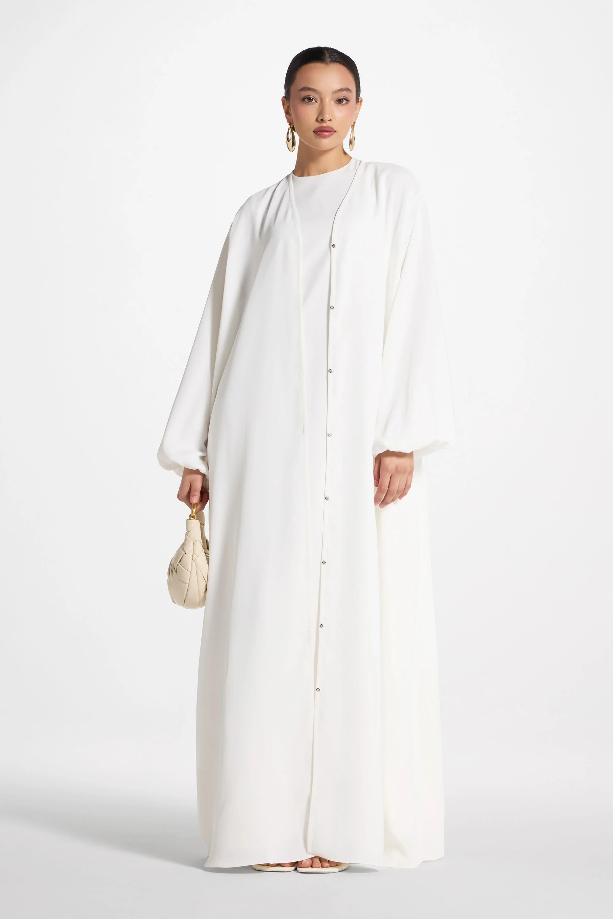 Signature Balloon Sleeve Open Abaya - White - Image 3