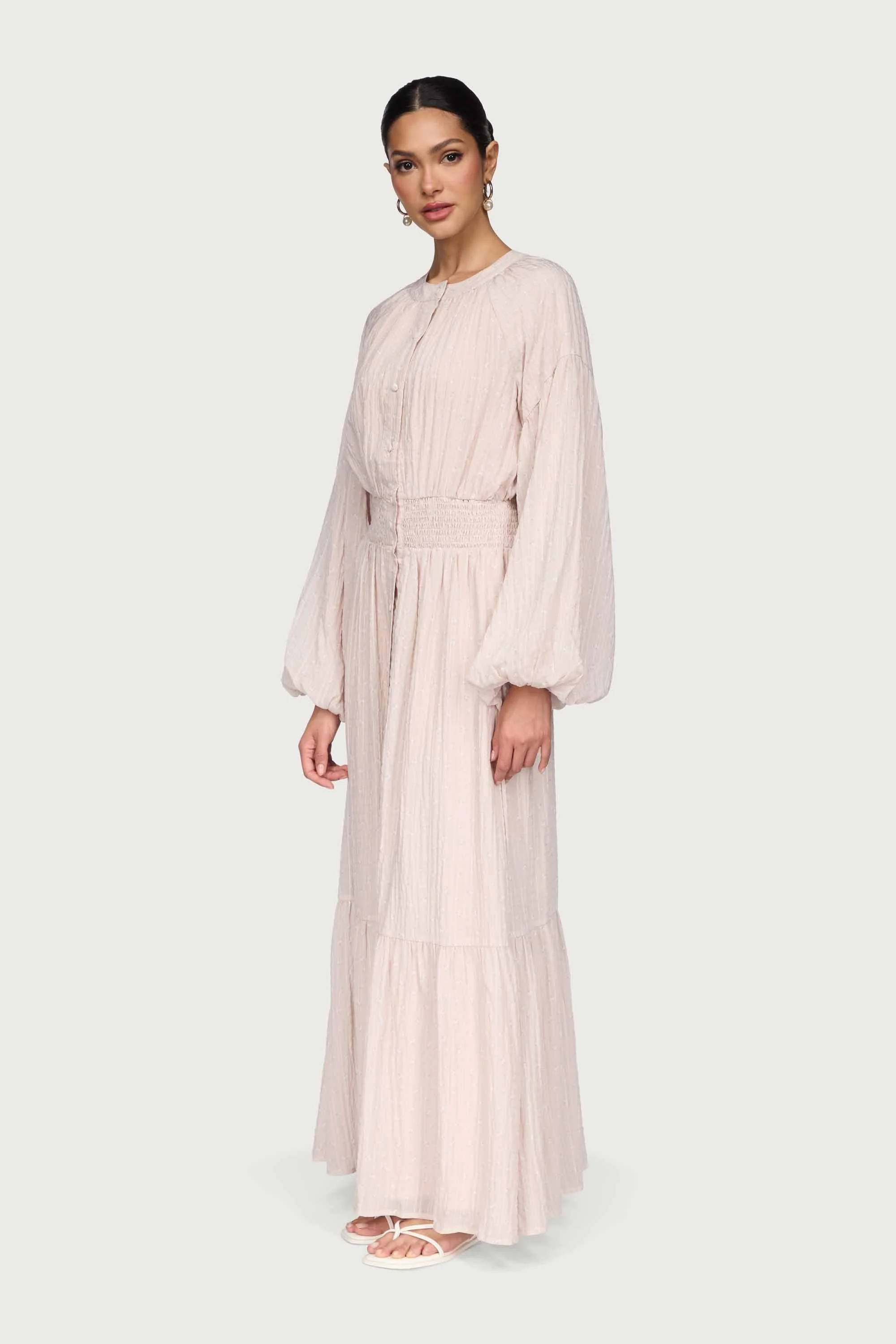 Smocked Waist Button Down Maxi Dress - Ditsy Pink Floral - Image 4