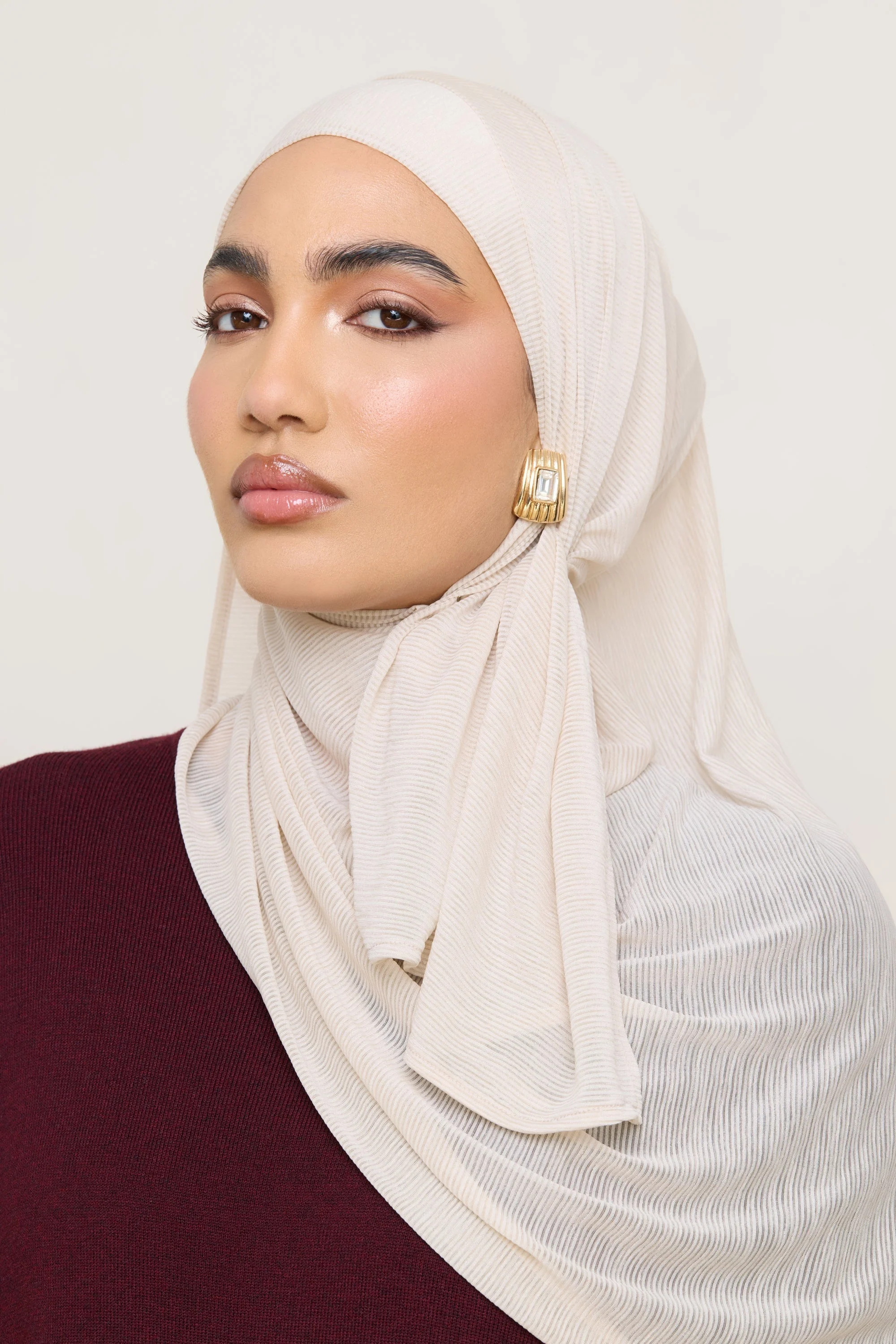 Stretch Stripe Hijab - Beige - Image 4