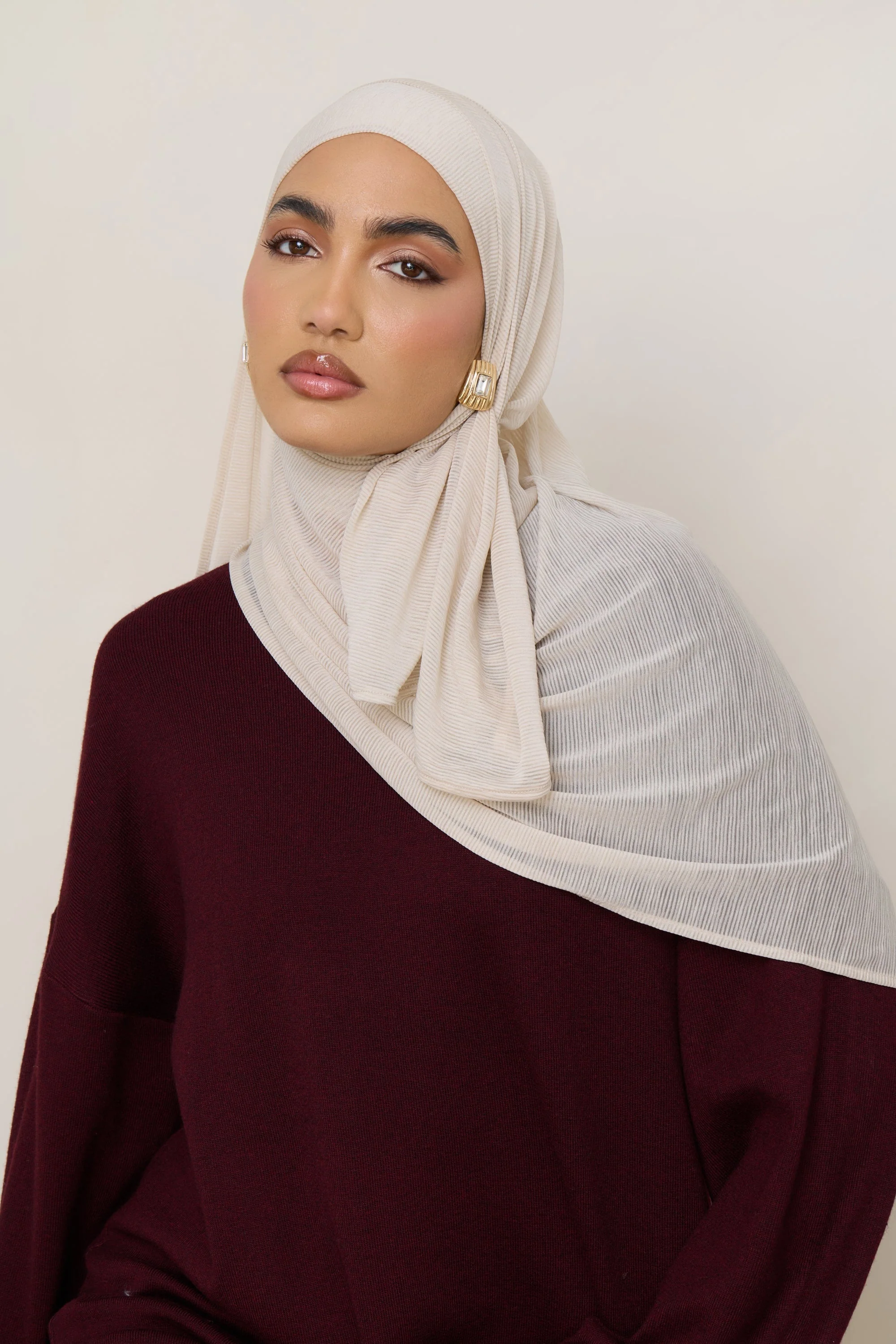 Stretch Stripe Hijab - Beige - Image 5