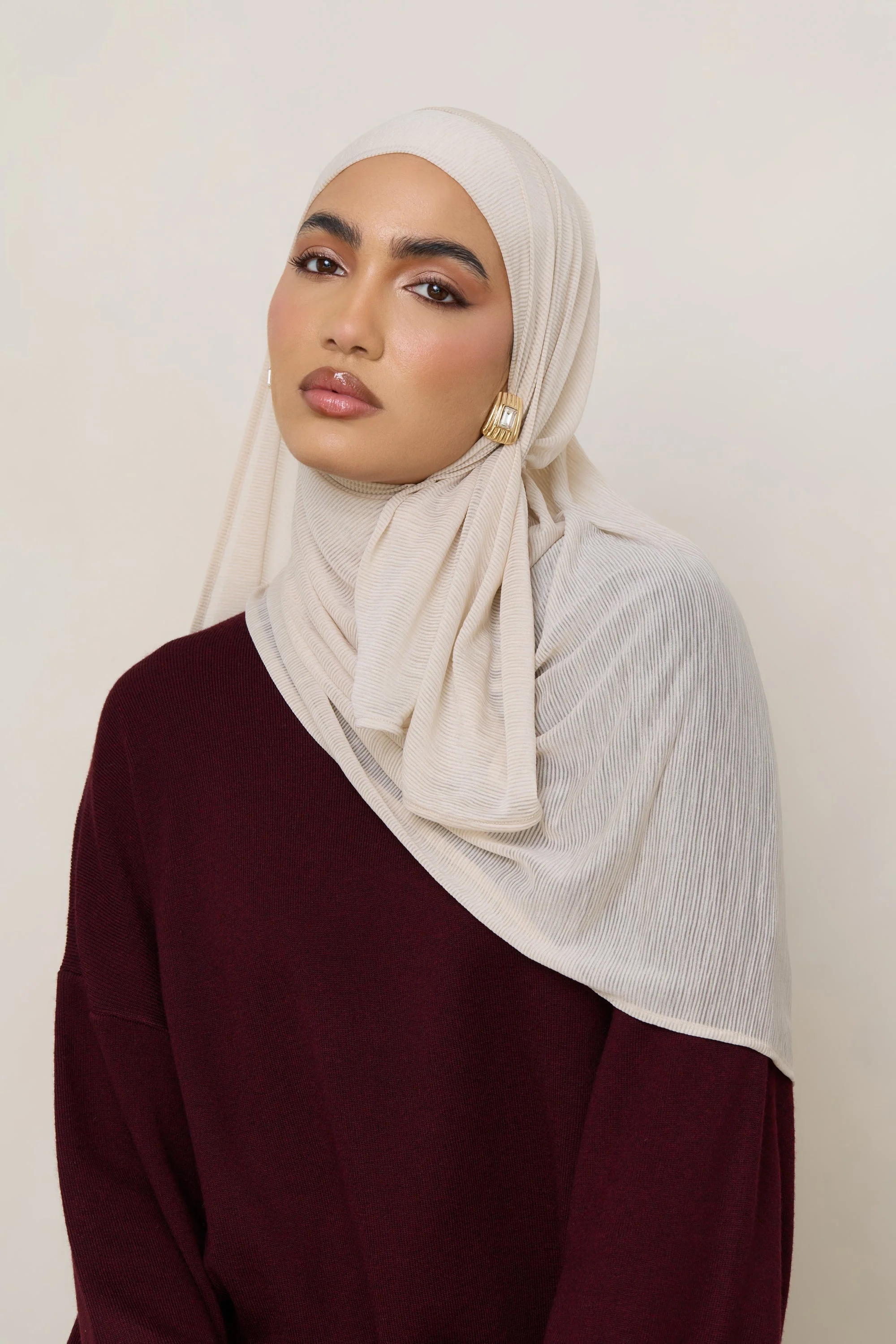 Stretch Stripe Hijab - Beige - Image 7