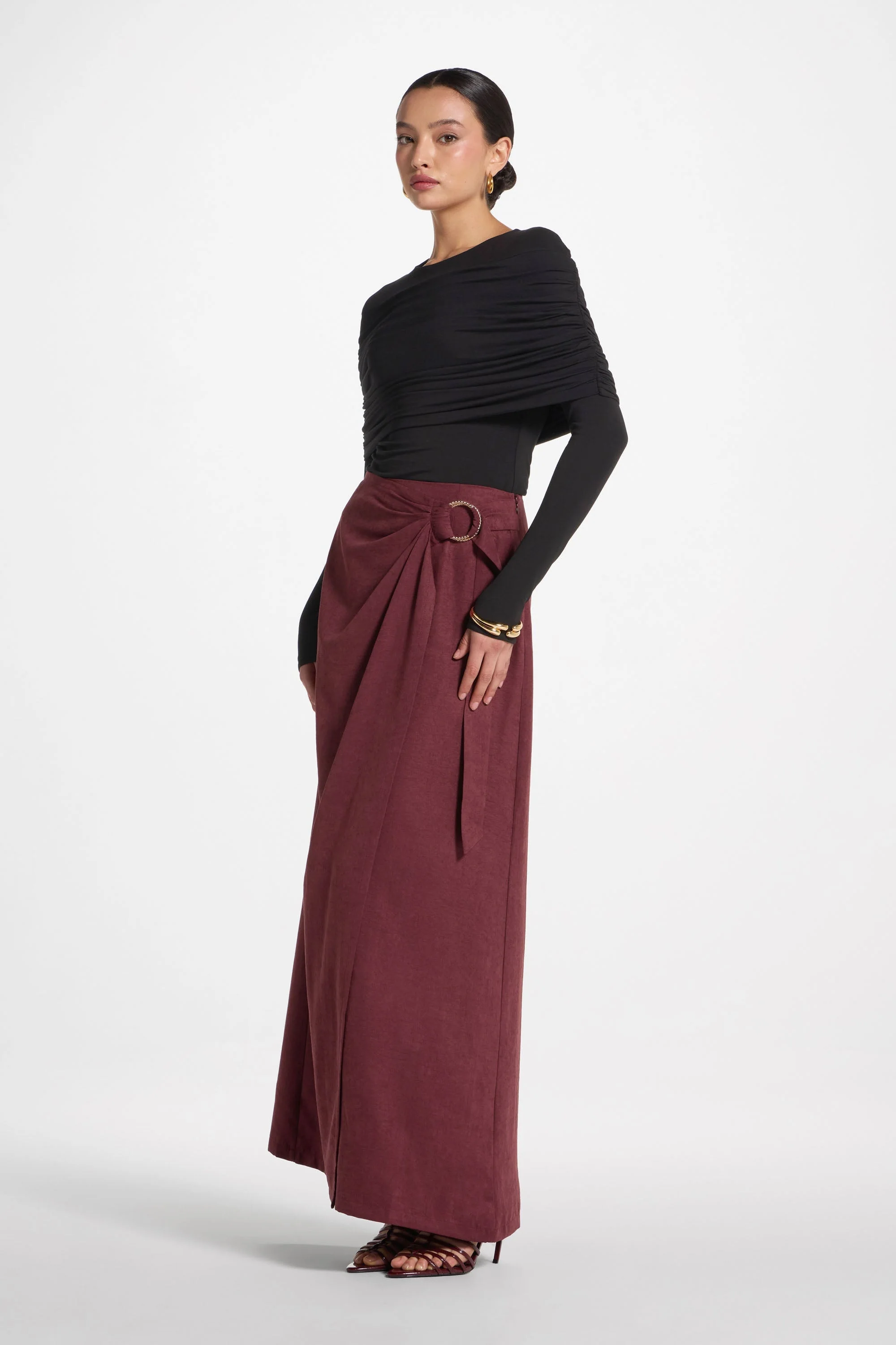 Rouched Shoulder Top - Black - Image 5