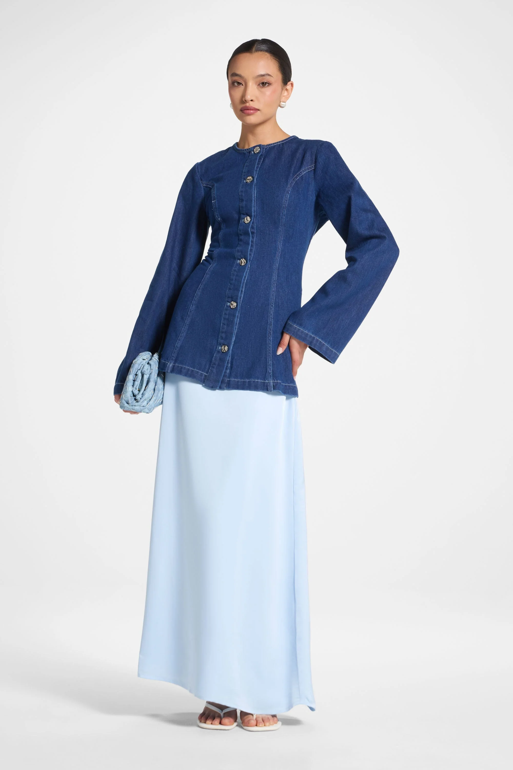 Tencel Silk A-Line Maxi Skirt - Pastel Blue - Image 3