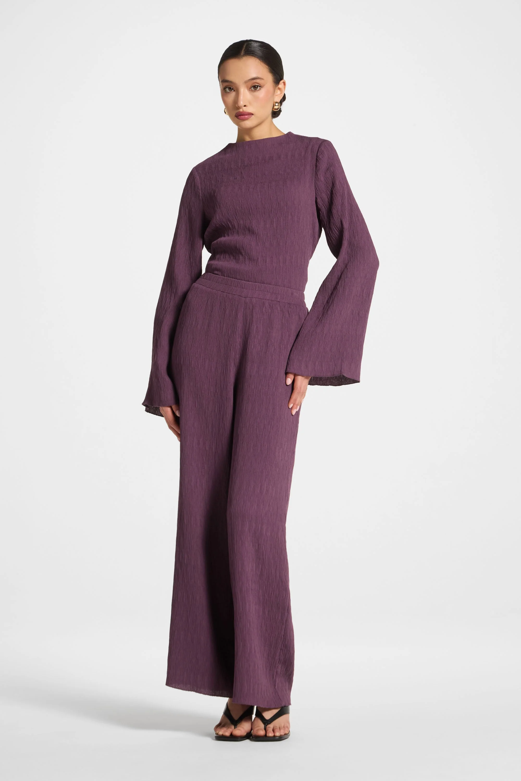 Textured Wide Leg Pants - Plum - Image 2
