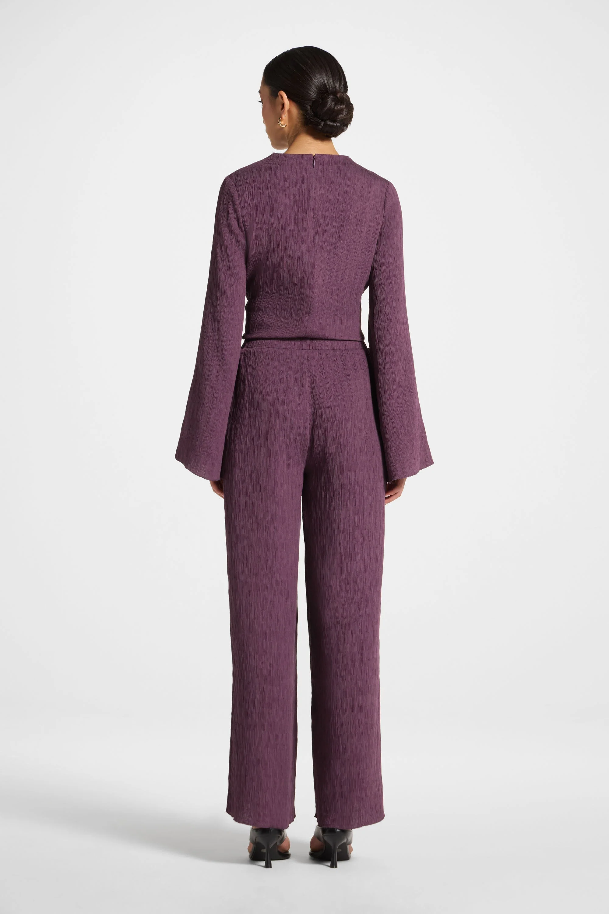 Textured Wide Leg Pants - Plum - Image 5
