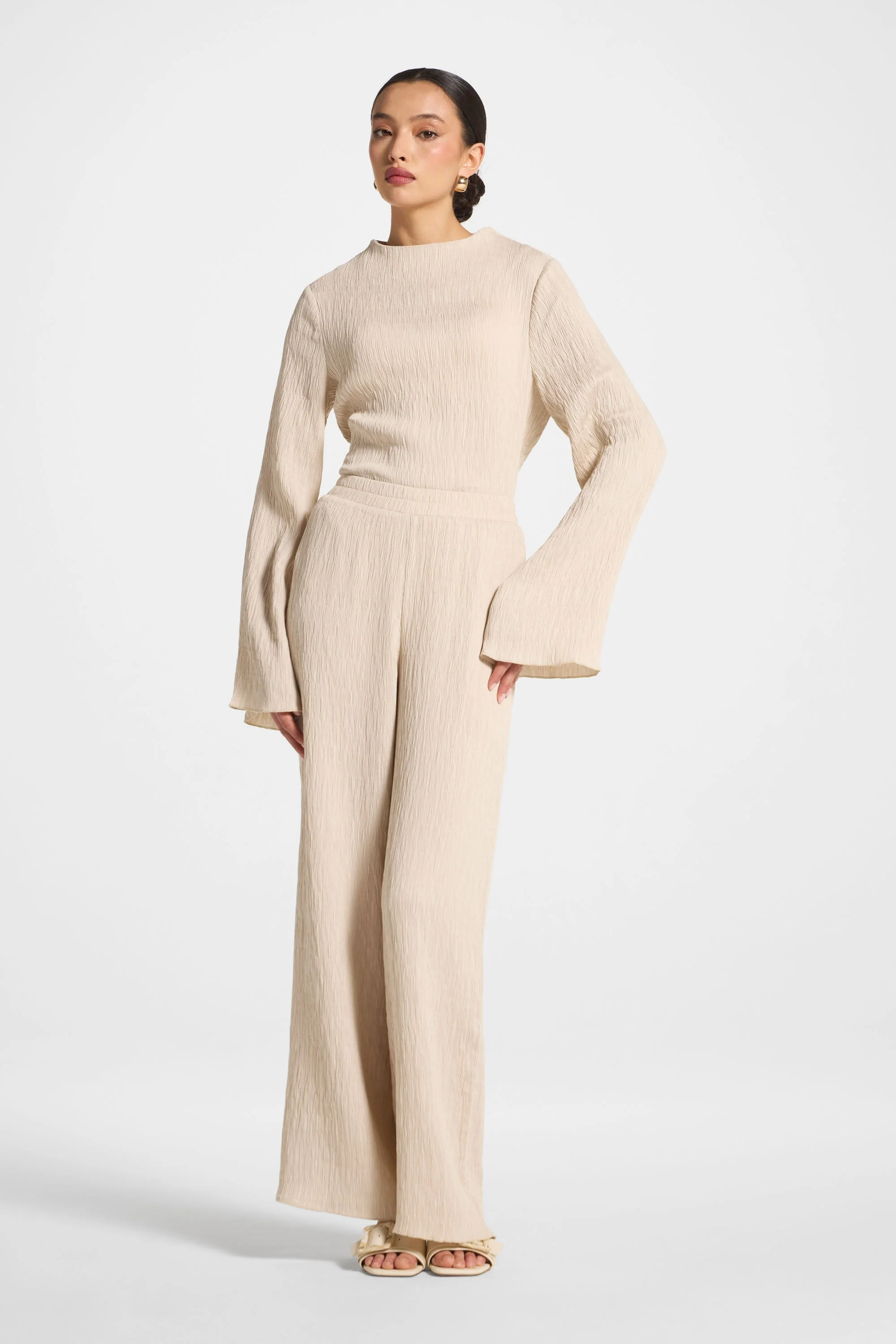 Textured Wide Leg Pants - Stone - Image 5