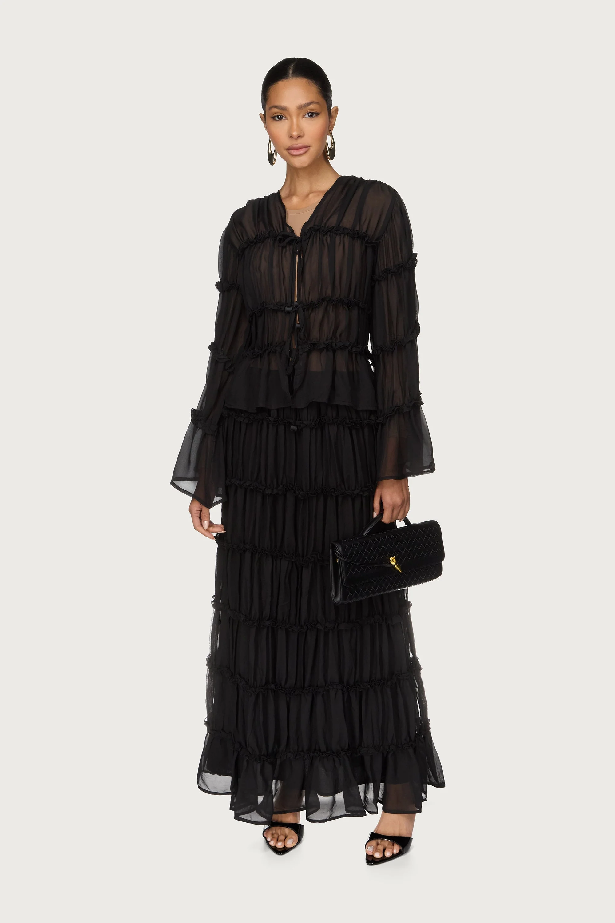 Tie Front Tiered Top - Black - Image 2