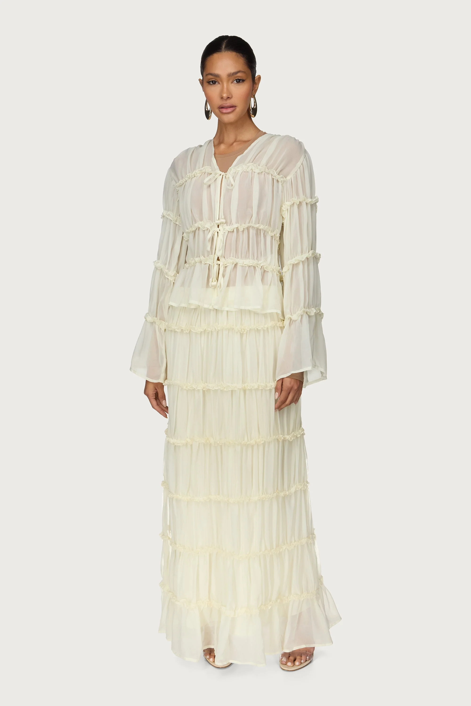 Tie Front Tiered Top - Off White - Image 2
