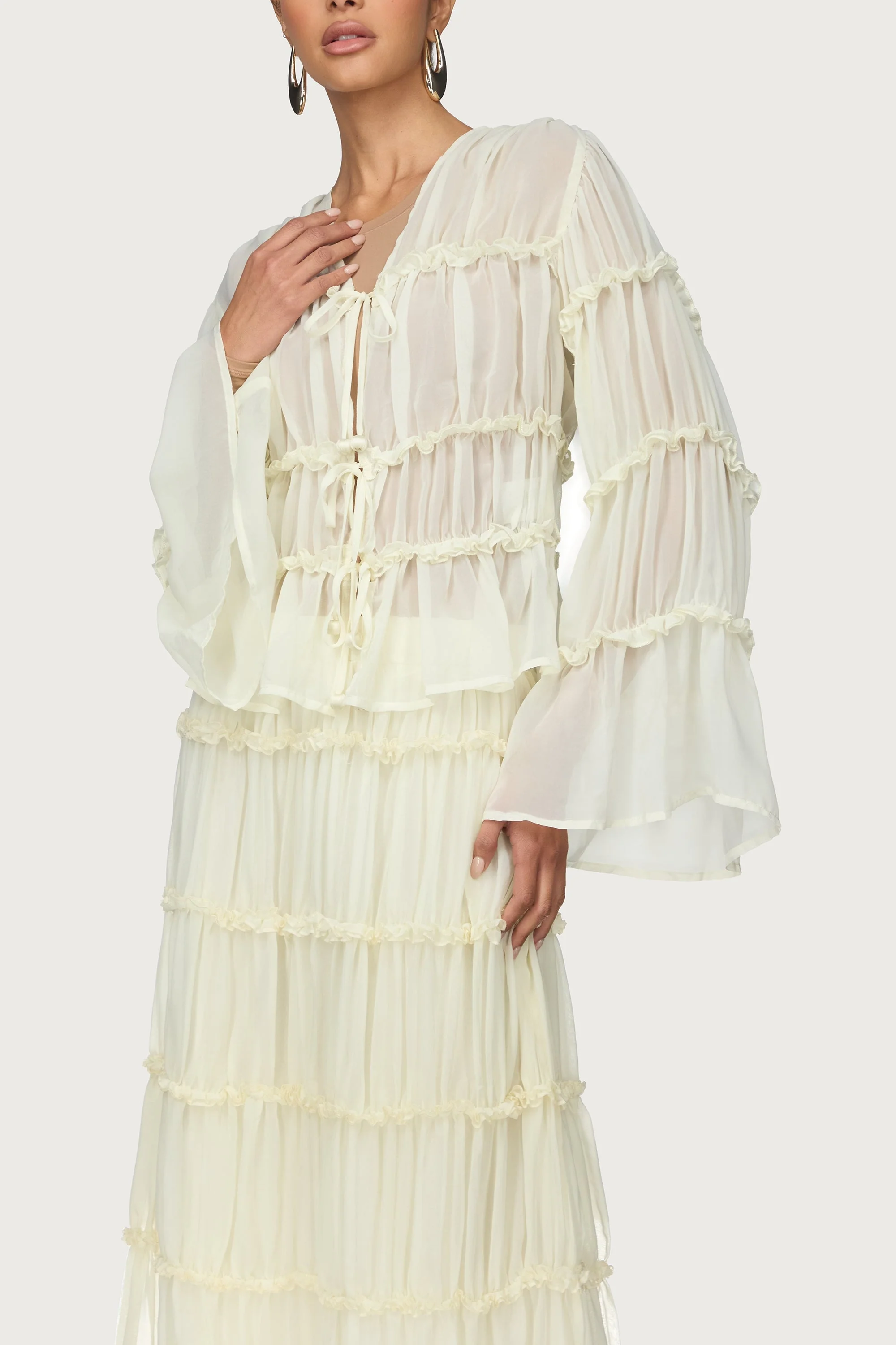 Tie Front Tiered Top - Off White - Image 3