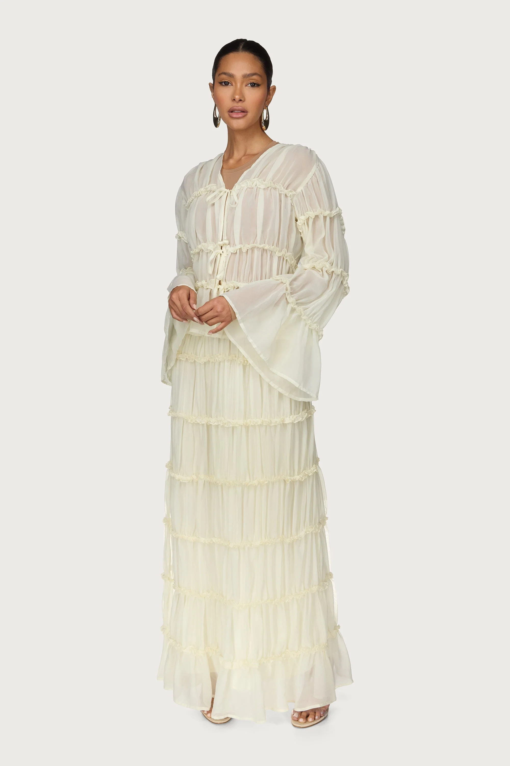 Tie Front Tiered Top - Off White - Image 4