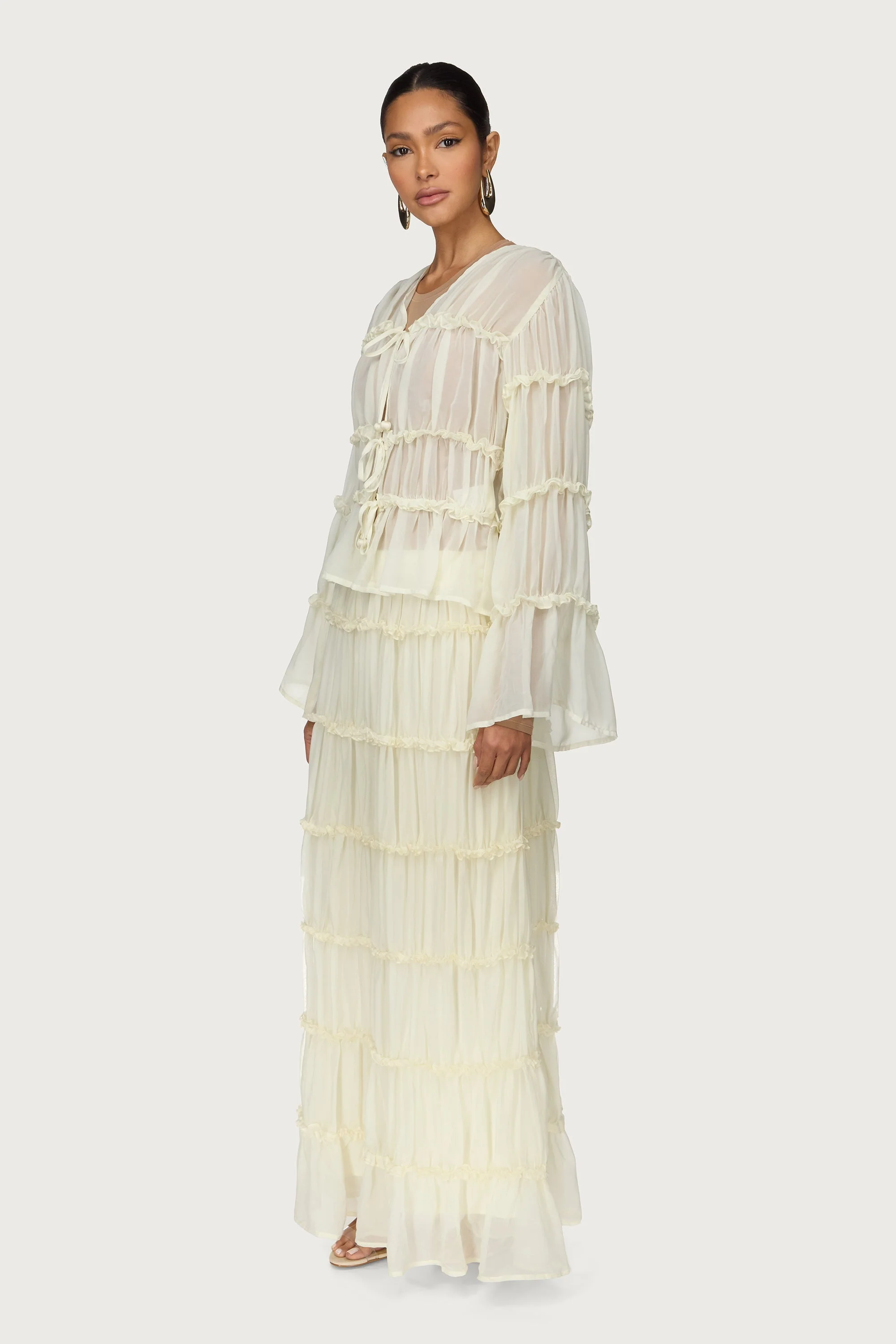 Tie Front Tiered Top - Off White - Image 5