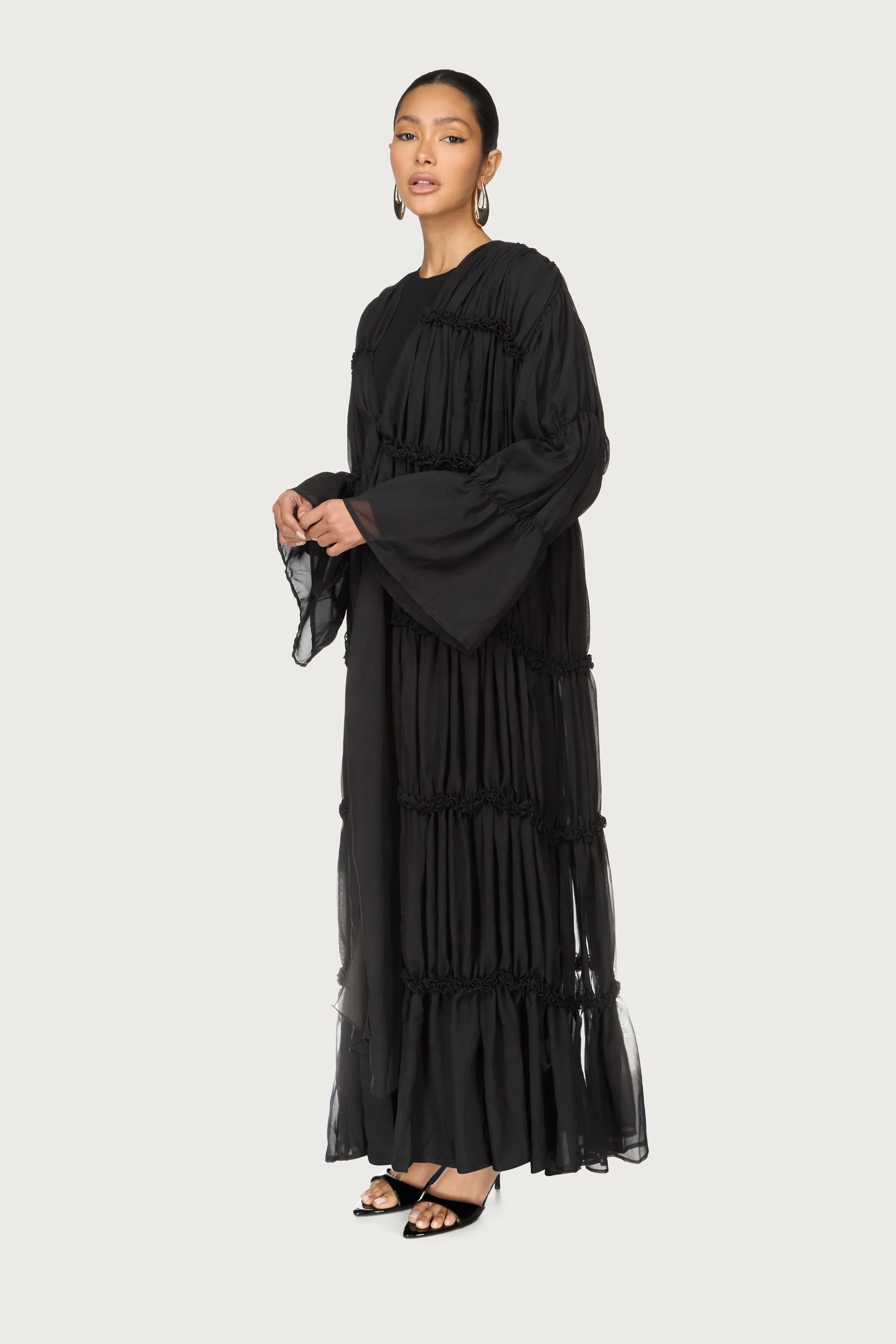 Tiered Open Abaya - Black - Image 4