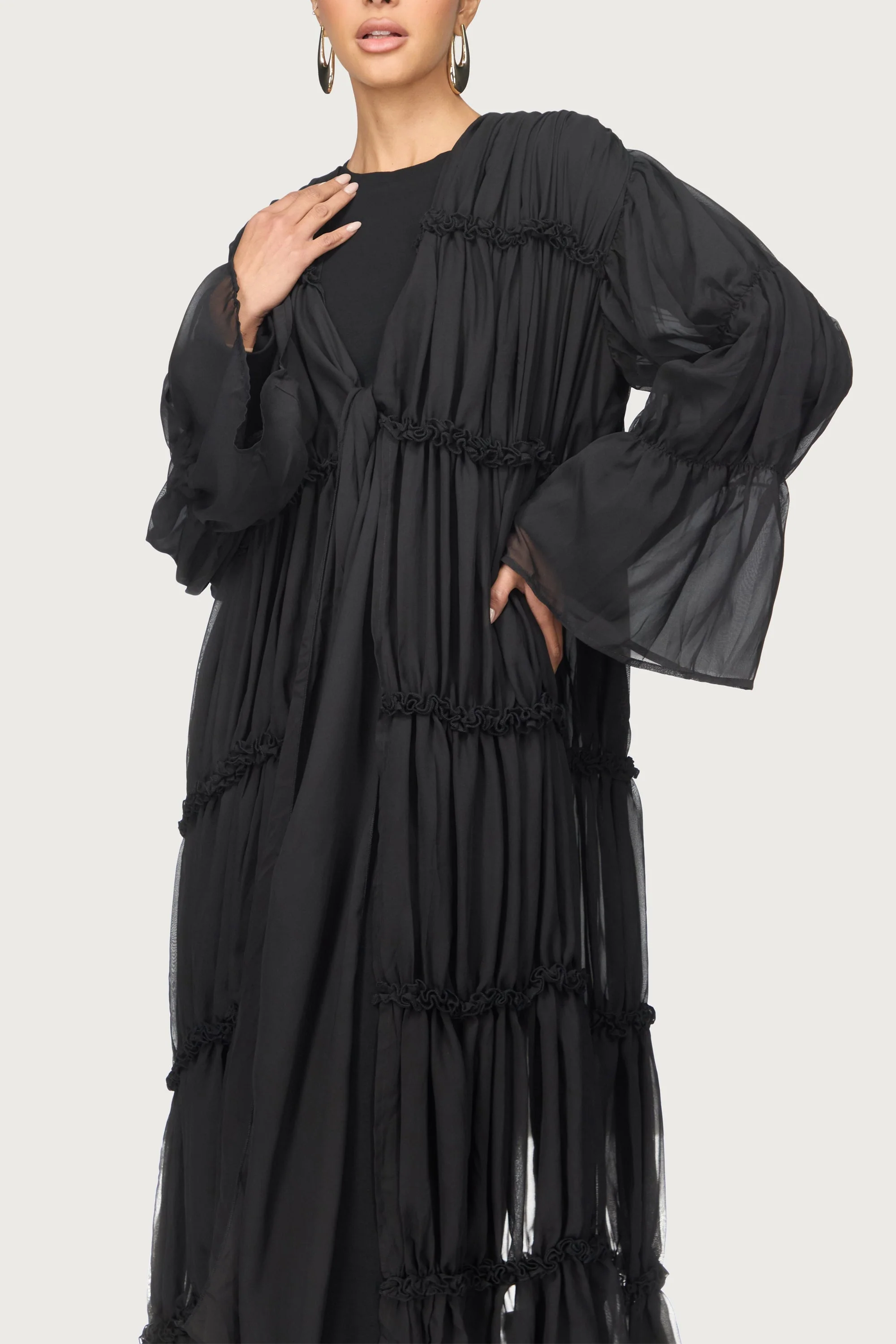 Tiered Open Abaya - Black - Image 6