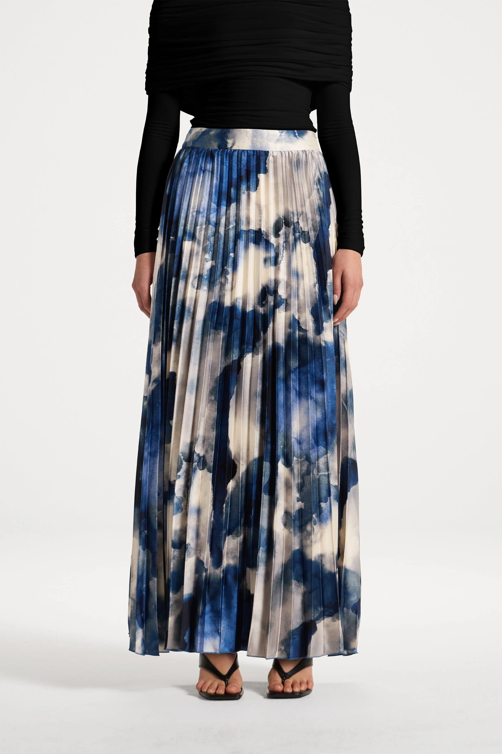 Watercolor Pleated Maxi Skirt - Blue