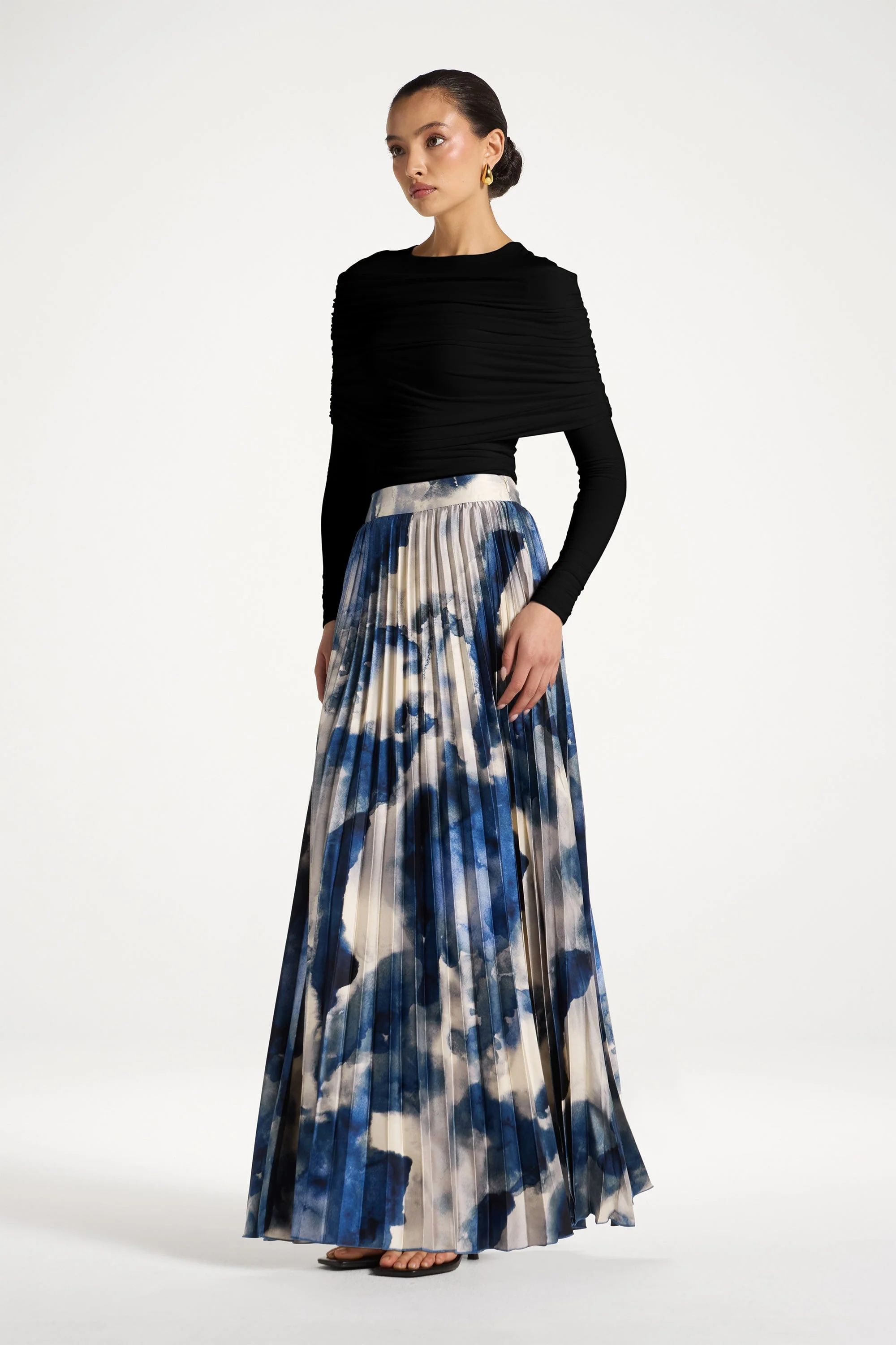 Watercolor Pleated Maxi Skirt - Blue - Image 2