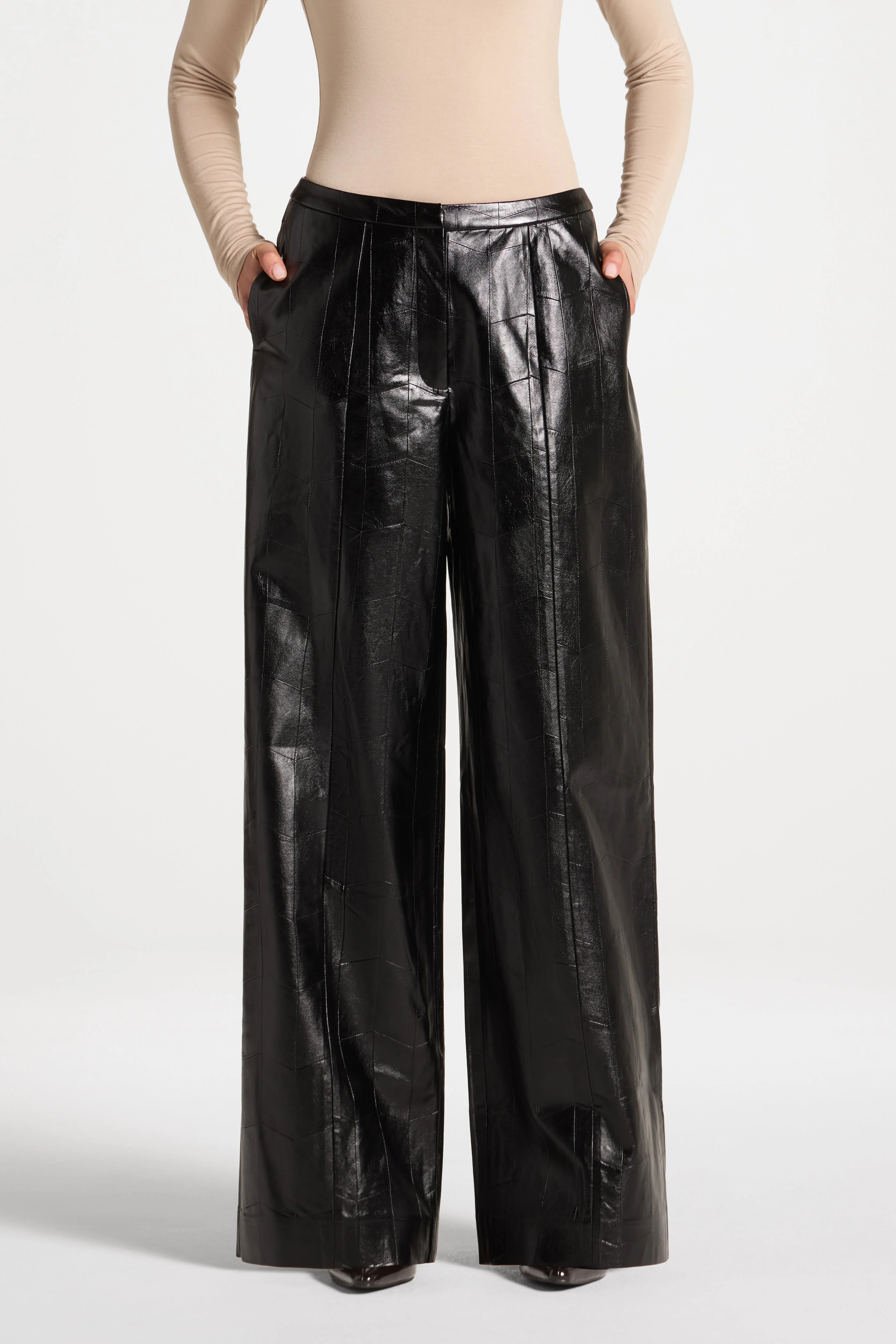 Wide Leg Leather Pants - Black - Image 2