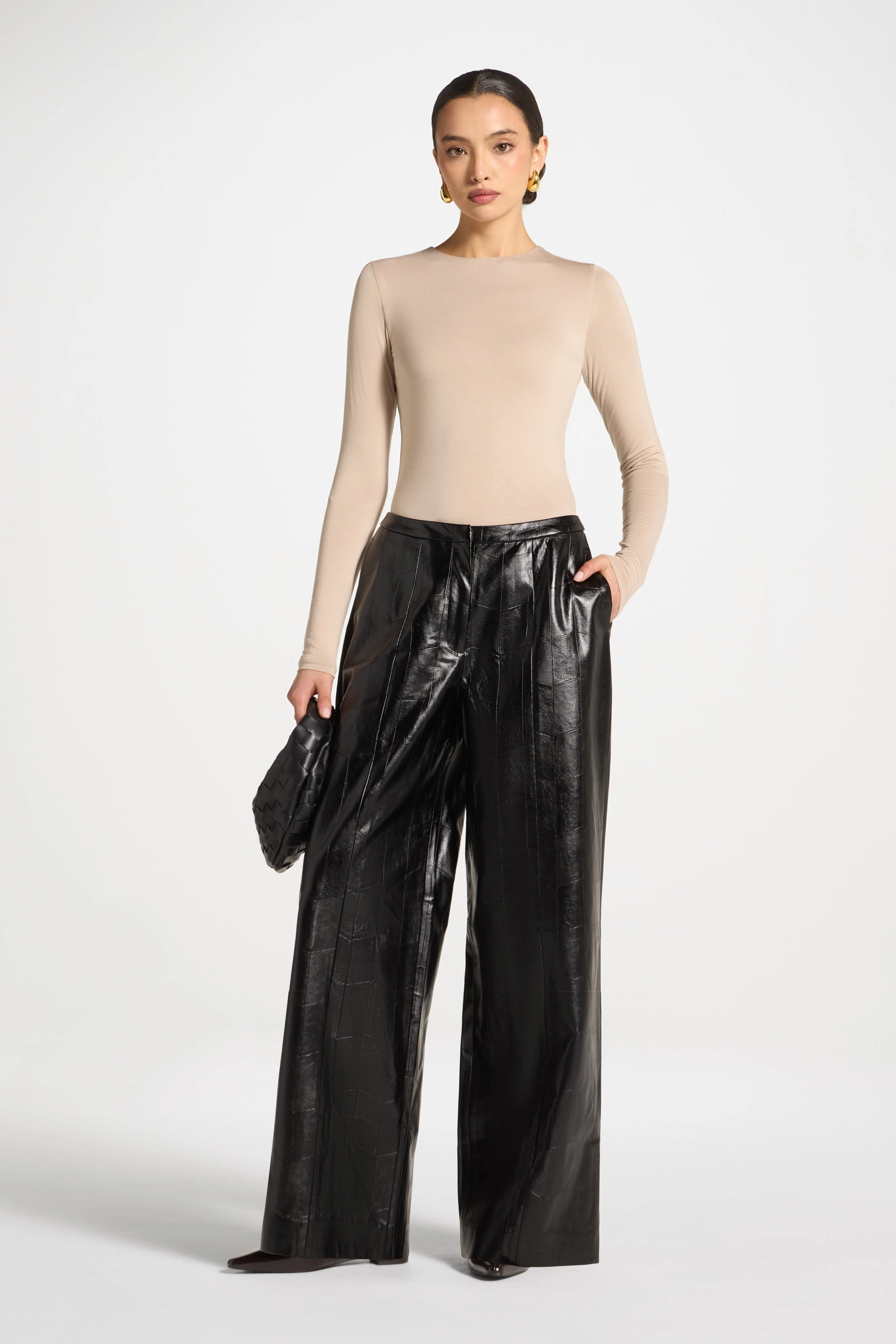 Wide Leg Leather Pants - Black - Image 4