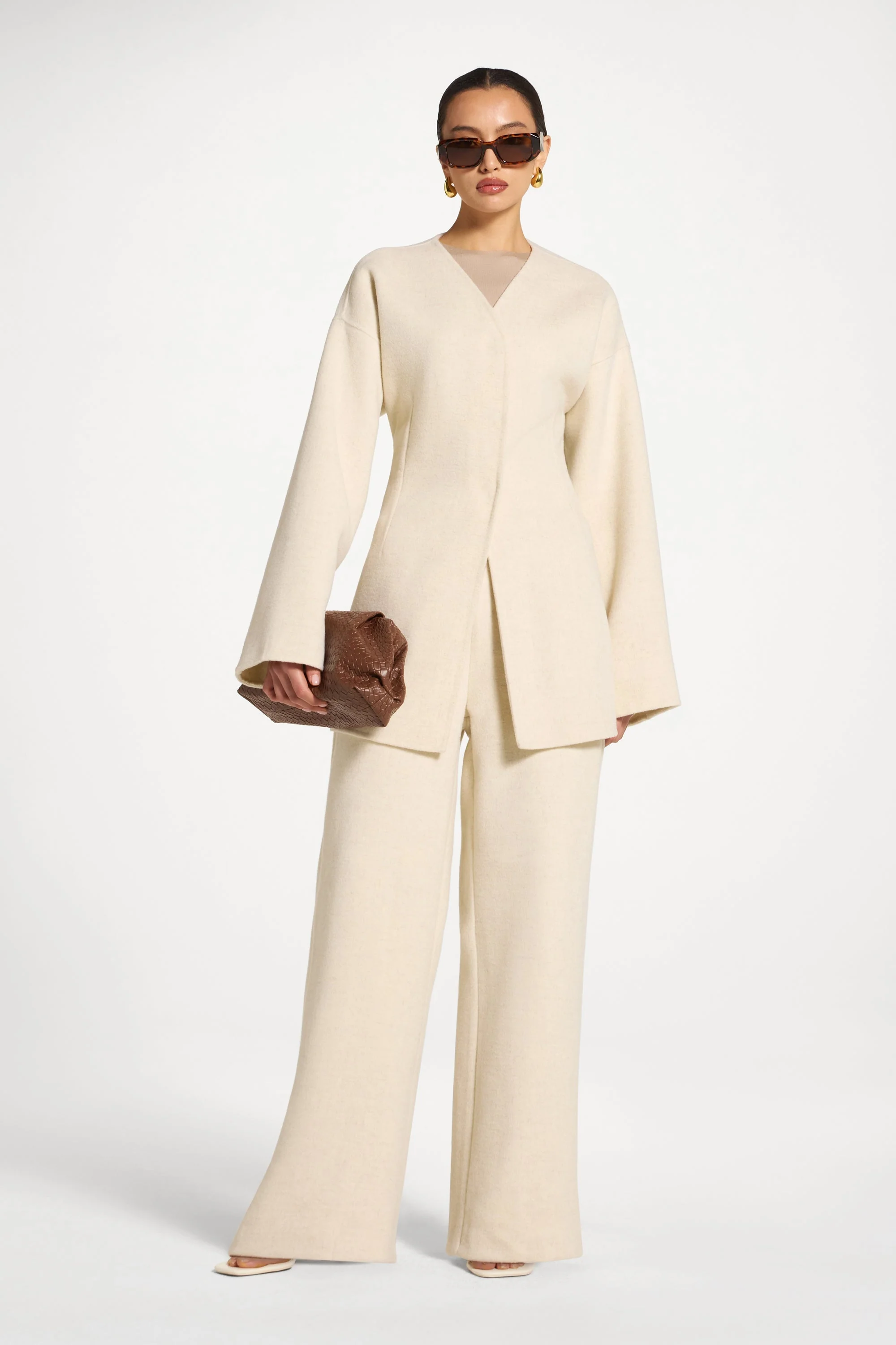 Wool Wide Leg Pants - Beige