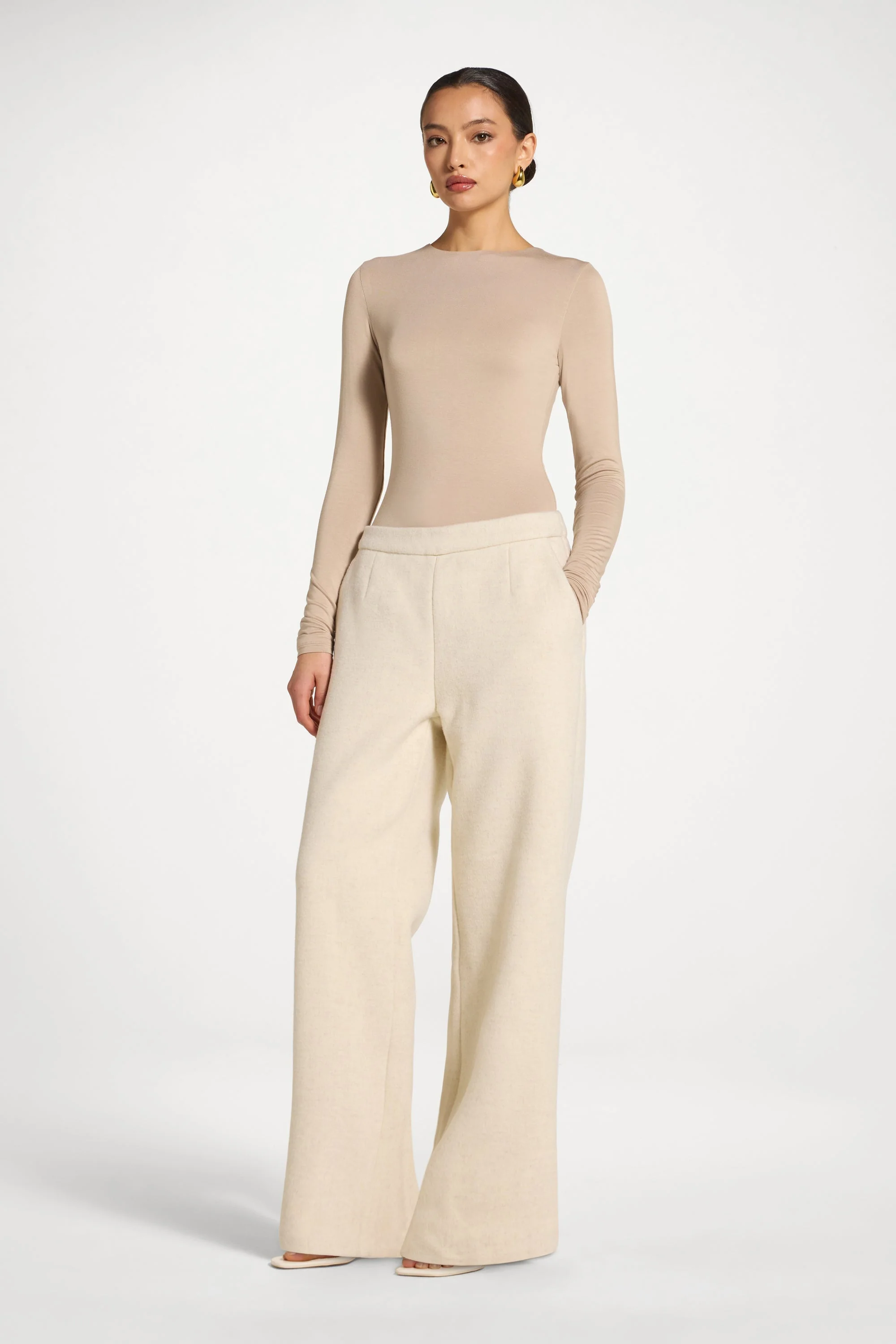 Wool Wide Leg Pants - Beige - Image 7