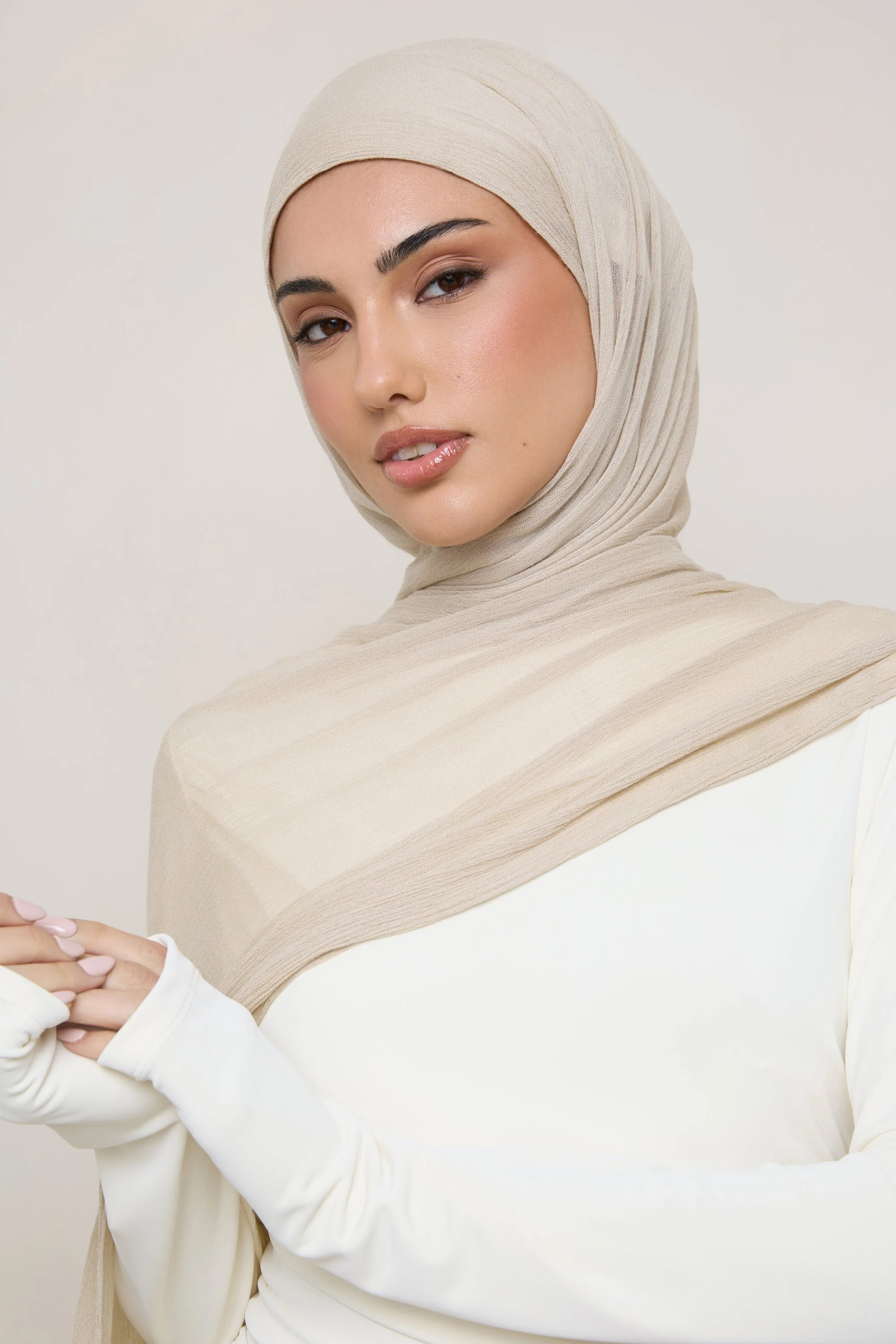 Modal Crinkle Hijab - Beige Fringe - Image 2