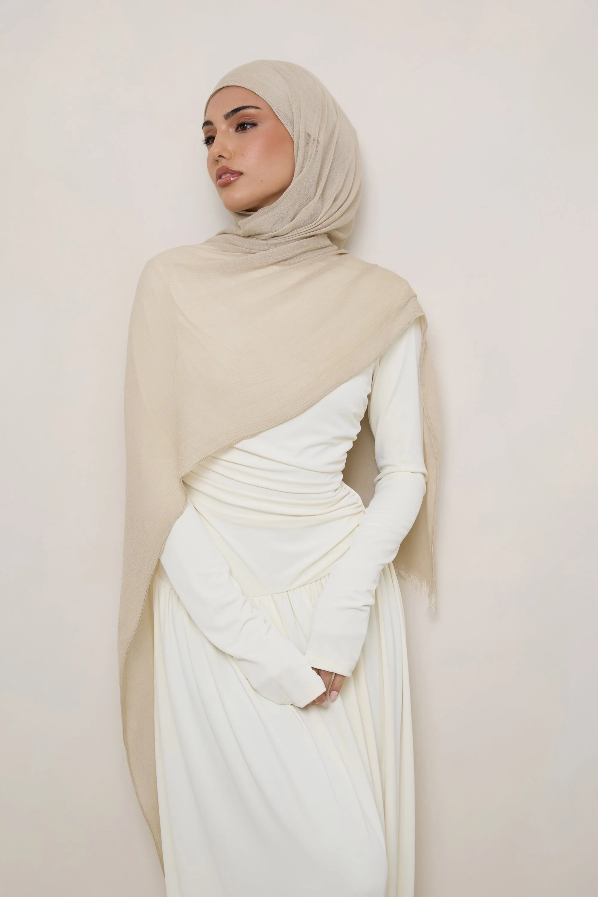 Modal Crinkle Hijab - Beige Fringe - Image 6