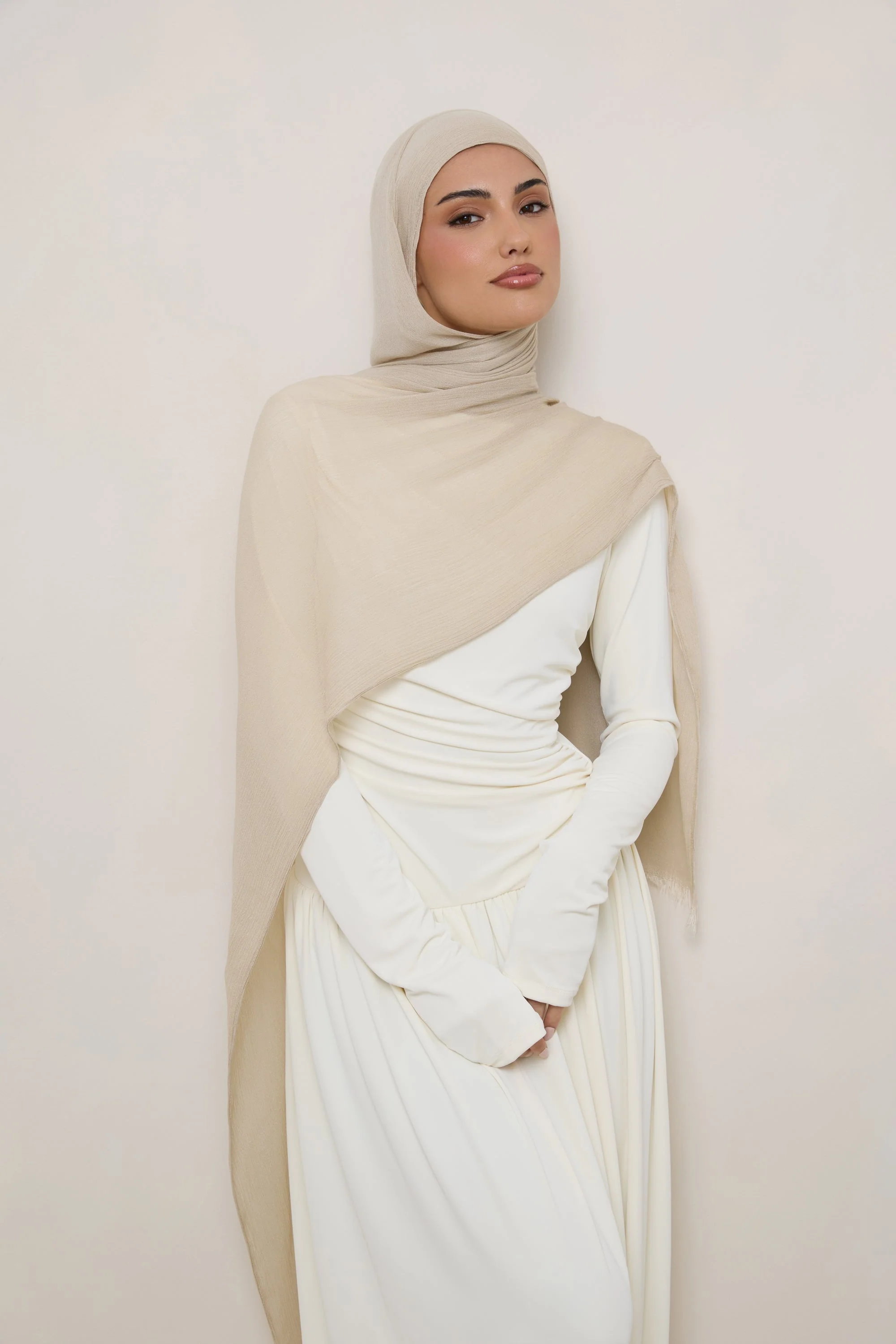 Modal Crinkle Hijab - Beige Fringe - Image 7